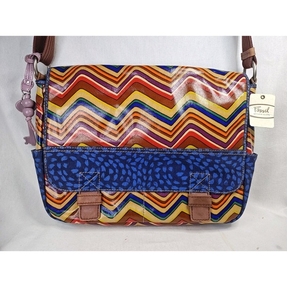 Fossil Handbags - FOSSIL Keyper Flap Crossbody Messenger‎ Bag Stripe Blue Yellow Orange Brown New